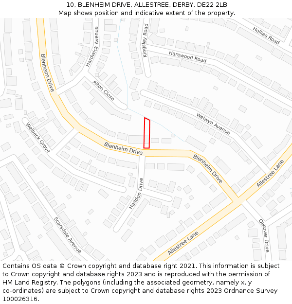 10, BLENHEIM DRIVE, ALLESTREE, DERBY, DE22 2LB: Location map and indicative extent of plot