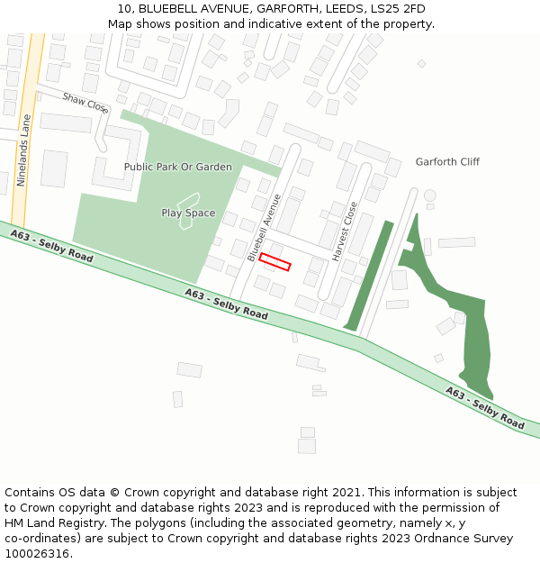 10, BLUEBELL AVENUE, GARFORTH, LEEDS, LS25 2FD: Location map and indicative extent of plot