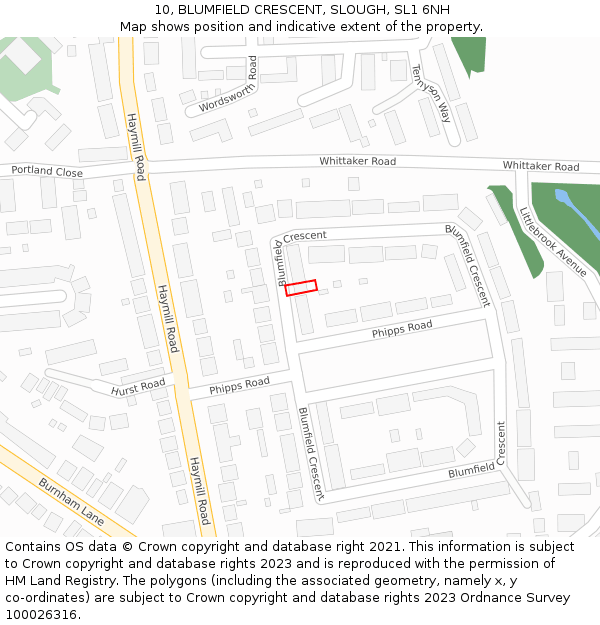 10, BLUMFIELD CRESCENT, SLOUGH, SL1 6NH: Location map and indicative extent of plot