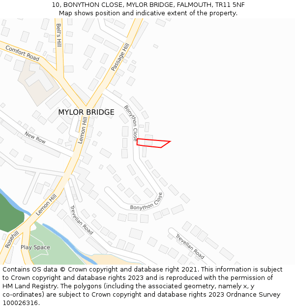 10, BONYTHON CLOSE, MYLOR BRIDGE, FALMOUTH, TR11 5NF: Location map and indicative extent of plot