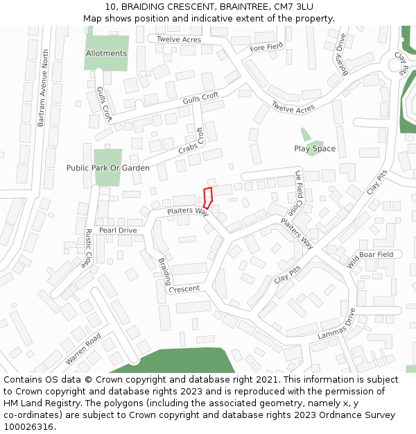 10, BRAIDING CRESCENT, BRAINTREE, CM7 3LU: Location map and indicative extent of plot