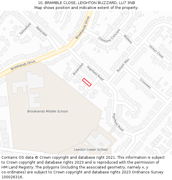 10, BRAMBLE CLOSE, LEIGHTON BUZZARD, LU7 3NB: Location map and indicative extent of plot