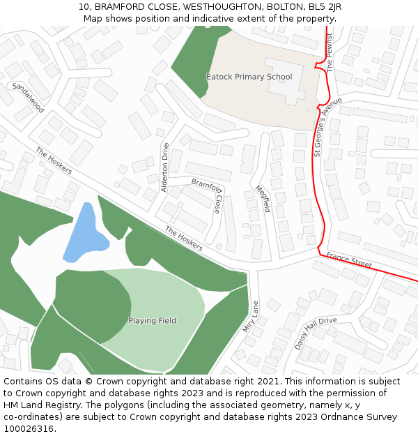 10, BRAMFORD CLOSE, WESTHOUGHTON, BOLTON, BL5 2JR: Location map and indicative extent of plot