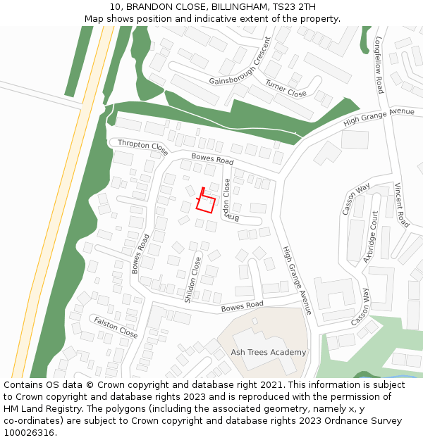 10, BRANDON CLOSE, BILLINGHAM, TS23 2TH: Location map and indicative extent of plot