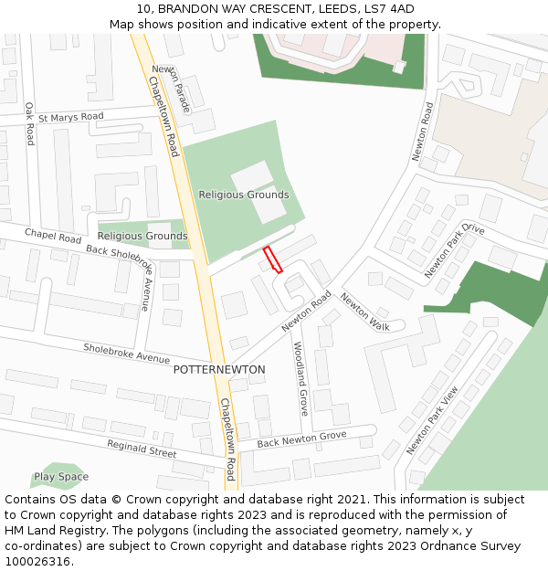 10, BRANDON WAY CRESCENT, LEEDS, LS7 4AD: Location map and indicative extent of plot