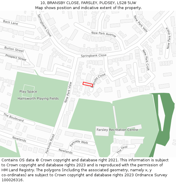 10, BRANSBY CLOSE, FARSLEY, PUDSEY, LS28 5UW: Location map and indicative extent of plot