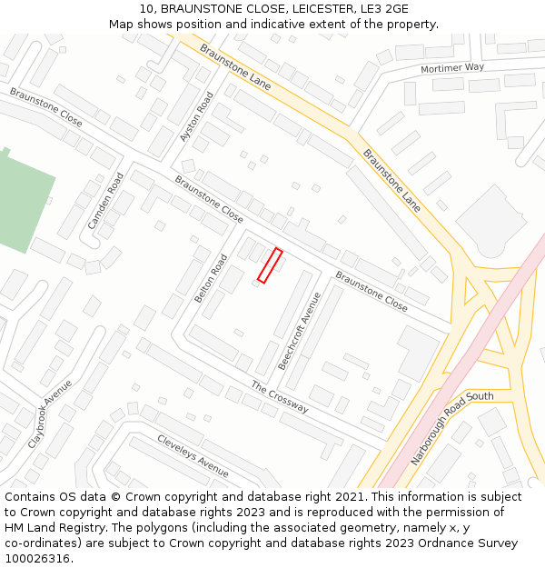 10, BRAUNSTONE CLOSE, LEICESTER, LE3 2GE: Location map and indicative extent of plot