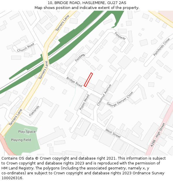 10, BRIDGE ROAD, HASLEMERE, GU27 2AS: Location map and indicative extent of plot