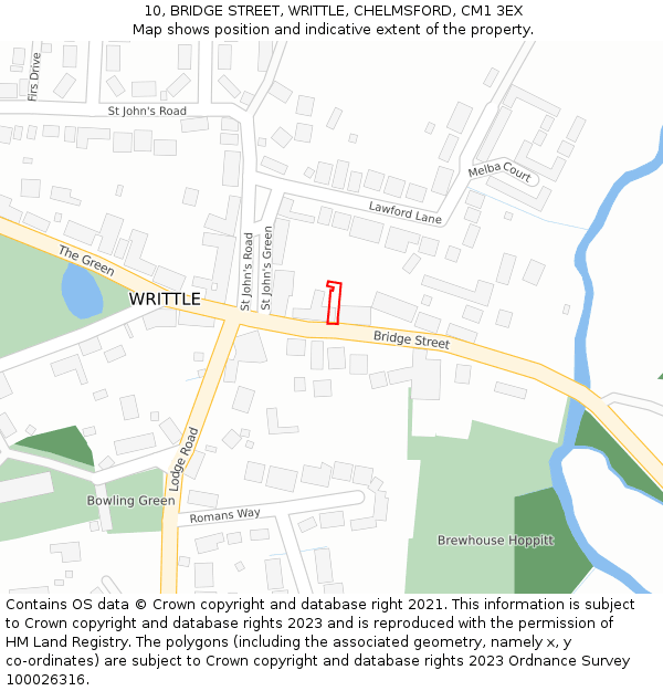 10, BRIDGE STREET, WRITTLE, CHELMSFORD, CM1 3EX: Location map and indicative extent of plot