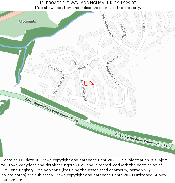 10, BROADFIELD WAY, ADDINGHAM, ILKLEY, LS29 0TJ: Location map and indicative extent of plot