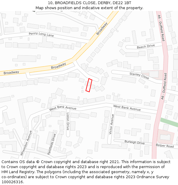 10, BROADFIELDS CLOSE, DERBY, DE22 1BT: Location map and indicative extent of plot