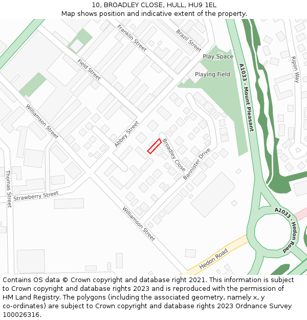 10, BROADLEY CLOSE, HULL, HU9 1EL: Location map and indicative extent of plot