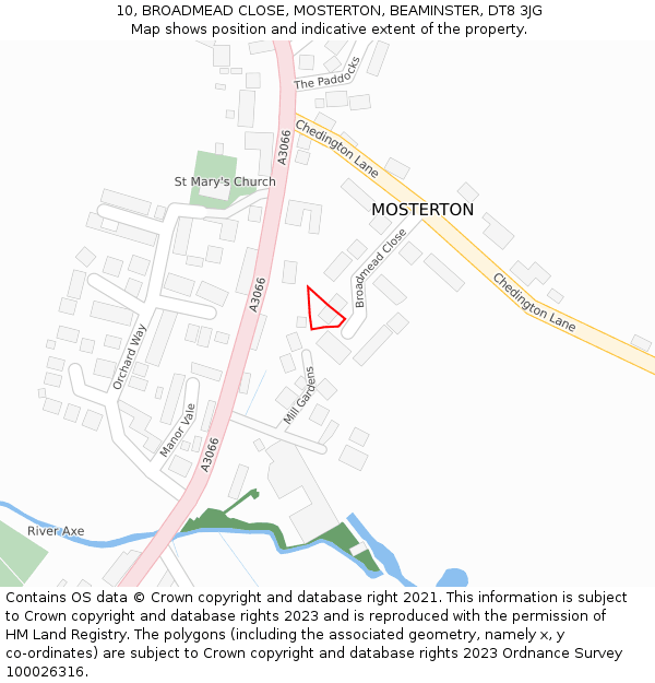 10, BROADMEAD CLOSE, MOSTERTON, BEAMINSTER, DT8 3JG: Location map and indicative extent of plot