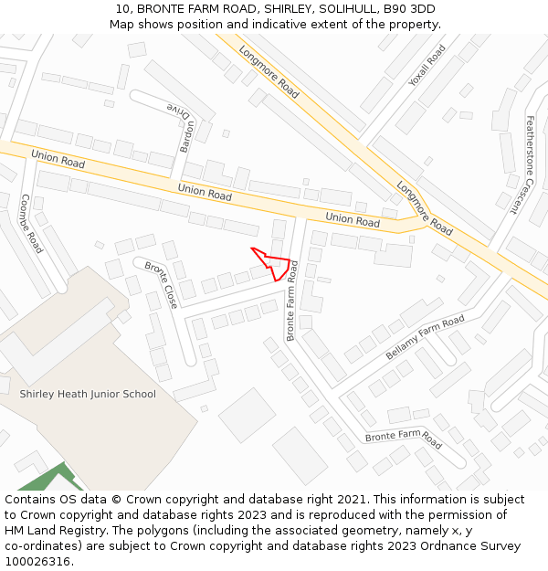 10, BRONTE FARM ROAD, SHIRLEY, SOLIHULL, B90 3DD: Location map and indicative extent of plot