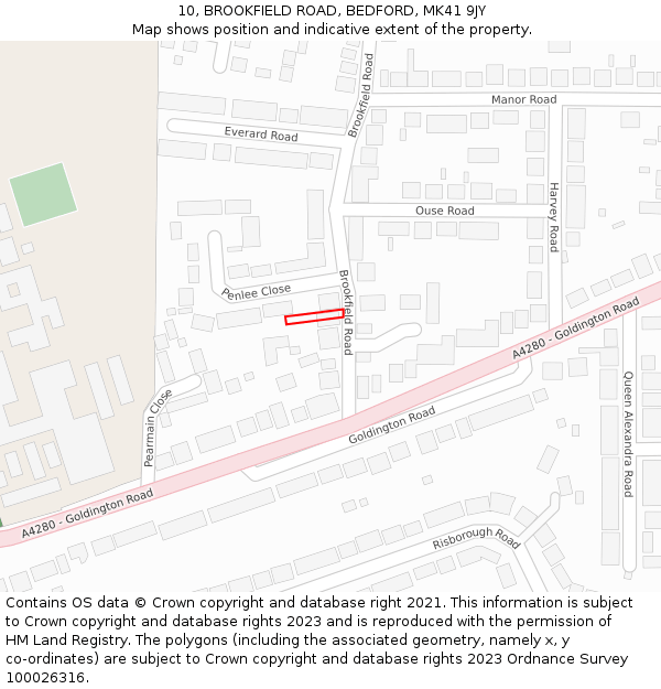 10, BROOKFIELD ROAD, BEDFORD, MK41 9JY: Location map and indicative extent of plot