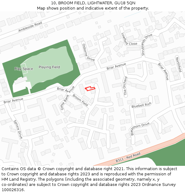 10, BROOM FIELD, LIGHTWATER, GU18 5QN: Location map and indicative extent of plot