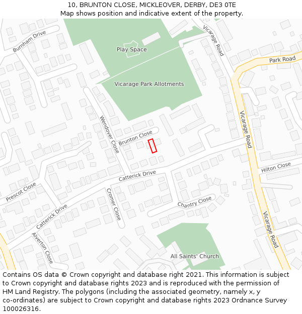 10, BRUNTON CLOSE, MICKLEOVER, DERBY, DE3 0TE: Location map and indicative extent of plot