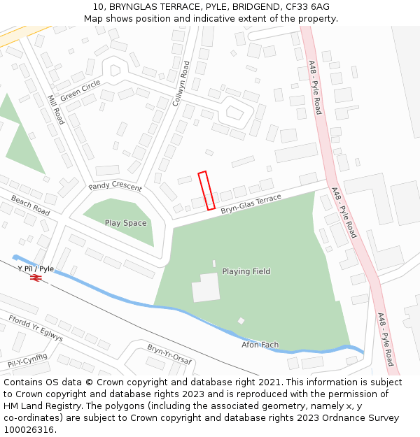 10, BRYNGLAS TERRACE, PYLE, BRIDGEND, CF33 6AG: Location map and indicative extent of plot