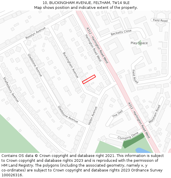 10, BUCKINGHAM AVENUE, FELTHAM, TW14 9LE: Location map and indicative extent of plot