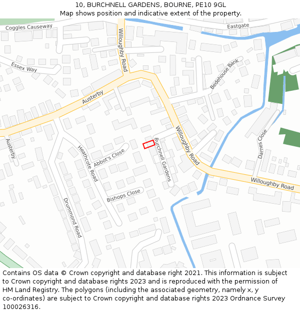 10, BURCHNELL GARDENS, BOURNE, PE10 9GL: Location map and indicative extent of plot