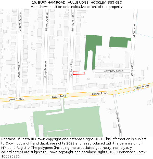 10, BURNHAM ROAD, HULLBRIDGE, HOCKLEY, SS5 6BQ: Location map and indicative extent of plot