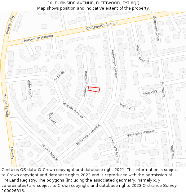 10, BURNSIDE AVENUE, FLEETWOOD, FY7 8QQ: Location map and indicative extent of plot