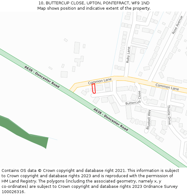 10, BUTTERCUP CLOSE, UPTON, PONTEFRACT, WF9 1ND: Location map and indicative extent of plot