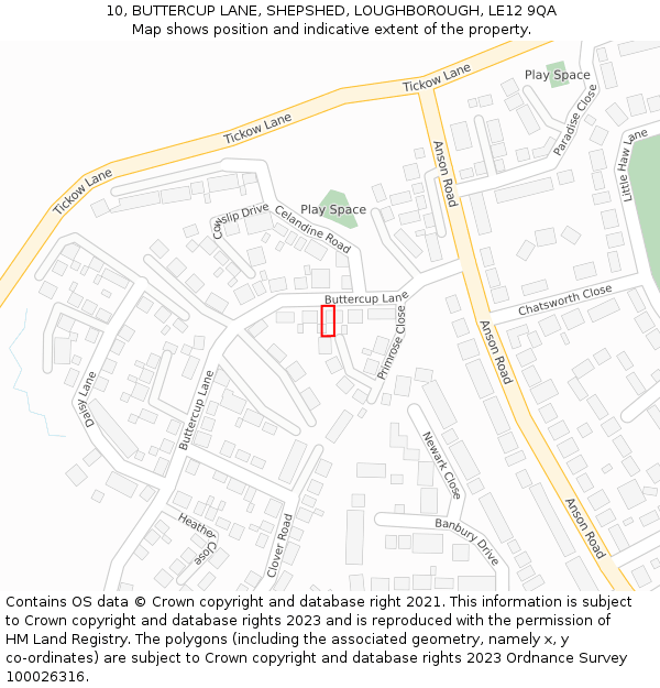 10, BUTTERCUP LANE, SHEPSHED, LOUGHBOROUGH, LE12 9QA: Location map and indicative extent of plot