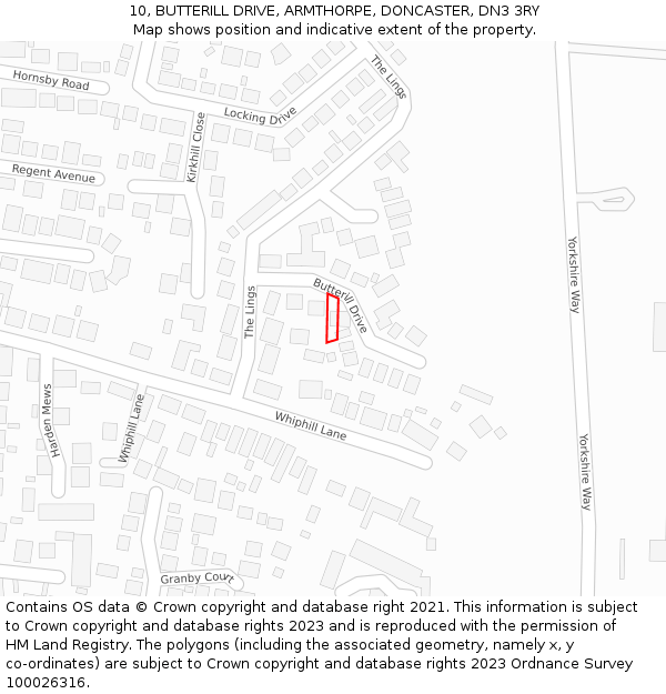 10, BUTTERILL DRIVE, ARMTHORPE, DONCASTER, DN3 3RY: Location map and indicative extent of plot
