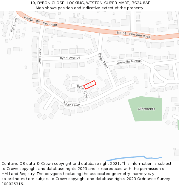 10, BYRON CLOSE, LOCKING, WESTON-SUPER-MARE, BS24 8AF: Location map and indicative extent of plot