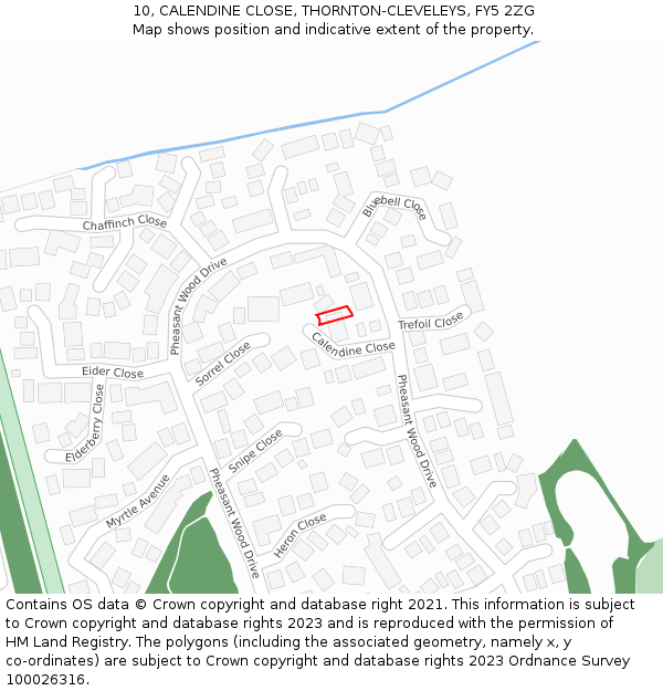 10, CALENDINE CLOSE, THORNTON-CLEVELEYS, FY5 2ZG: Location map and indicative extent of plot