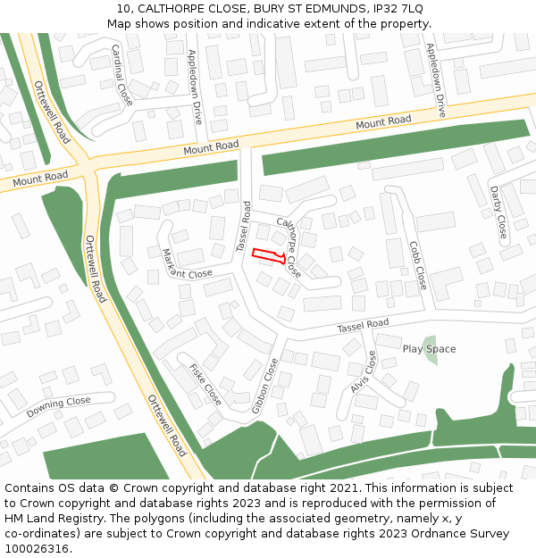 10, CALTHORPE CLOSE, BURY ST EDMUNDS, IP32 7LQ: Location map and indicative extent of plot