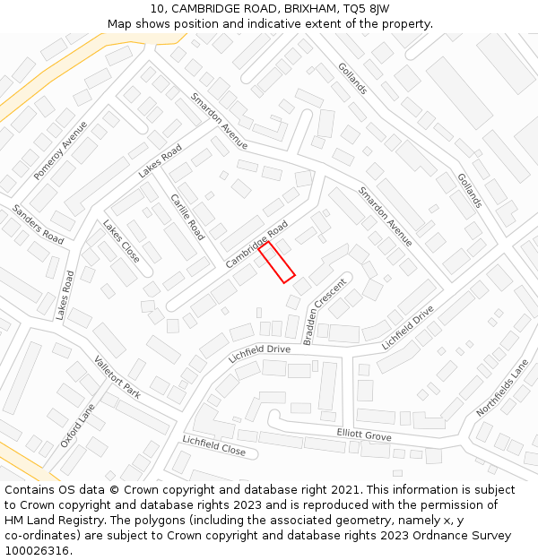 10, CAMBRIDGE ROAD, BRIXHAM, TQ5 8JW: Location map and indicative extent of plot