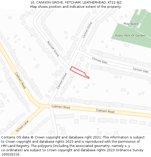 10, CANNON GROVE, FETCHAM, LEATHERHEAD, KT22 9JZ: Location map and indicative extent of plot