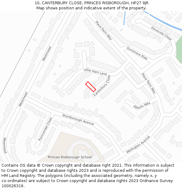 10, CANTERBURY CLOSE, PRINCES RISBOROUGH, HP27 9JR: Location map and indicative extent of plot