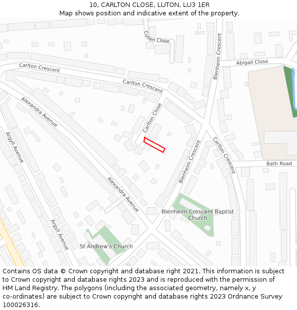 10, CARLTON CLOSE, LUTON, LU3 1ER: Location map and indicative extent of plot