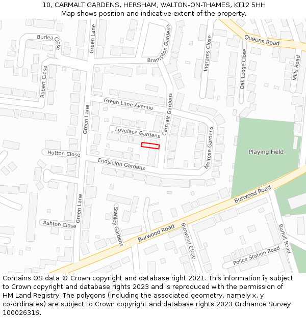 10, CARMALT GARDENS, HERSHAM, WALTON-ON-THAMES, KT12 5HH: Location map and indicative extent of plot