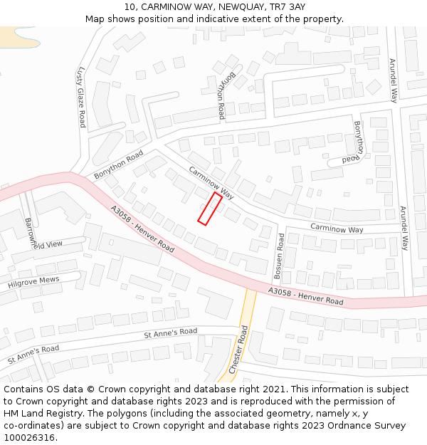 10, CARMINOW WAY, NEWQUAY, TR7 3AY: Location map and indicative extent of plot