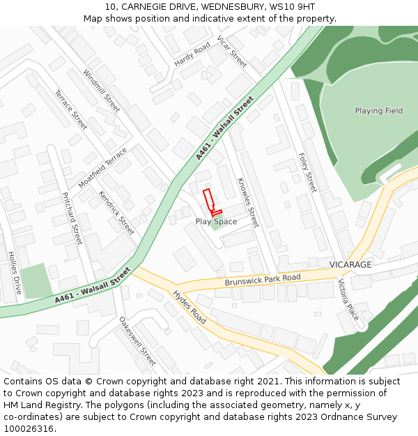 10, CARNEGIE DRIVE, WEDNESBURY, WS10 9HT: Location map and indicative extent of plot
