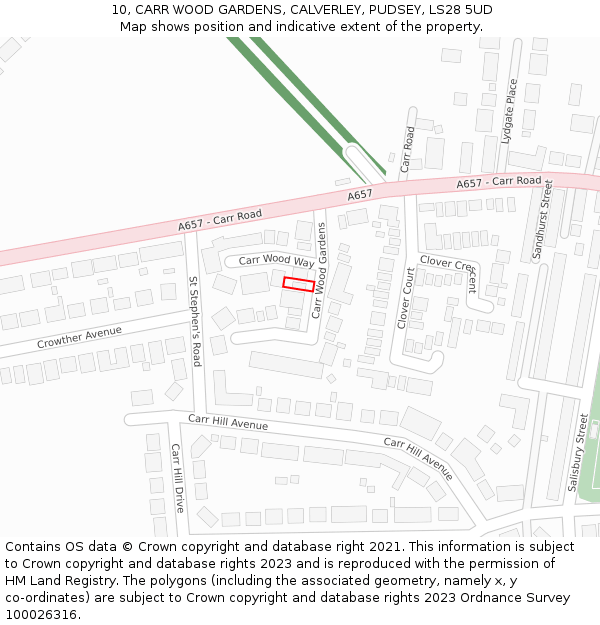 10, CARR WOOD GARDENS, CALVERLEY, PUDSEY, LS28 5UD: Location map and indicative extent of plot