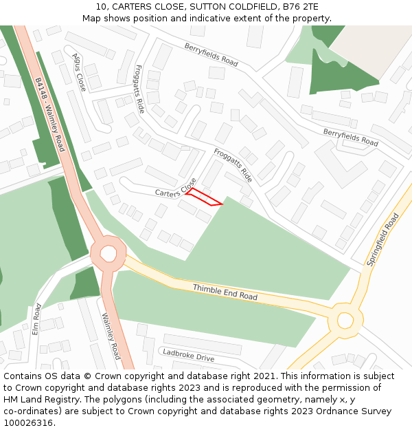 10, CARTERS CLOSE, SUTTON COLDFIELD, B76 2TE: Location map and indicative extent of plot