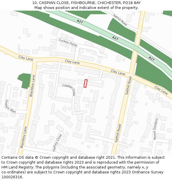 10, CASPIAN CLOSE, FISHBOURNE, CHICHESTER, PO18 8AY: Location map and indicative extent of plot