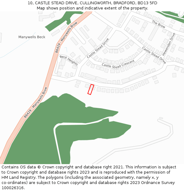 10, CASTLE STEAD DRIVE, CULLINGWORTH, BRADFORD, BD13 5FD: Location map and indicative extent of plot