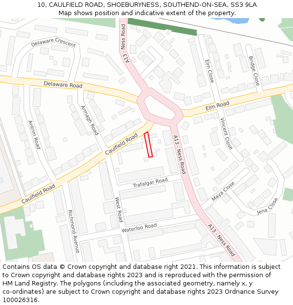 10, CAULFIELD ROAD, SHOEBURYNESS, SOUTHEND-ON-SEA, SS3 9LA: Location map and indicative extent of plot