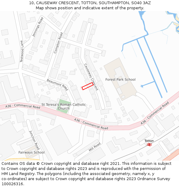 10, CAUSEWAY CRESCENT, TOTTON, SOUTHAMPTON, SO40 3AZ: Location map and indicative extent of plot