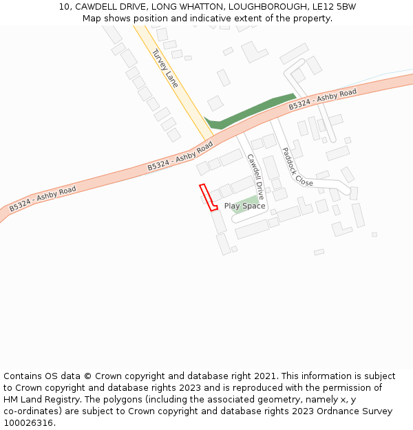 10, CAWDELL DRIVE, LONG WHATTON, LOUGHBOROUGH, LE12 5BW: Location map and indicative extent of plot