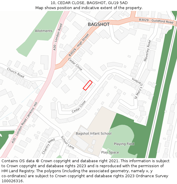 10, CEDAR CLOSE, BAGSHOT, GU19 5AD: Location map and indicative extent of plot