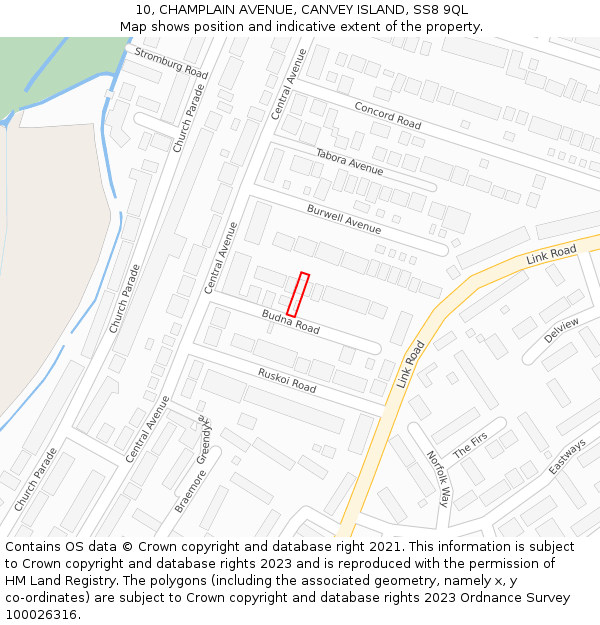 10, CHAMPLAIN AVENUE, CANVEY ISLAND, SS8 9QL: Location map and indicative extent of plot