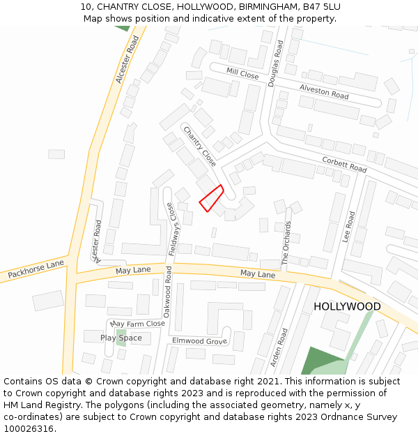 10, CHANTRY CLOSE, HOLLYWOOD, BIRMINGHAM, B47 5LU: Location map and indicative extent of plot