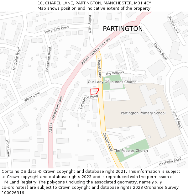 10, CHAPEL LANE, PARTINGTON, MANCHESTER, M31 4EY: Location map and indicative extent of plot